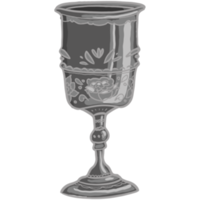 shiny silver stemmed kiddush cup with ridges and small raised floral designs. Outlines are gray.